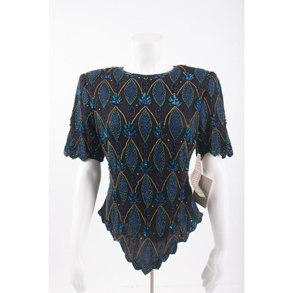 Vintage Laurence Kazar Womans Silk Evening Blouse Top Shirt M Black Beaded NWT